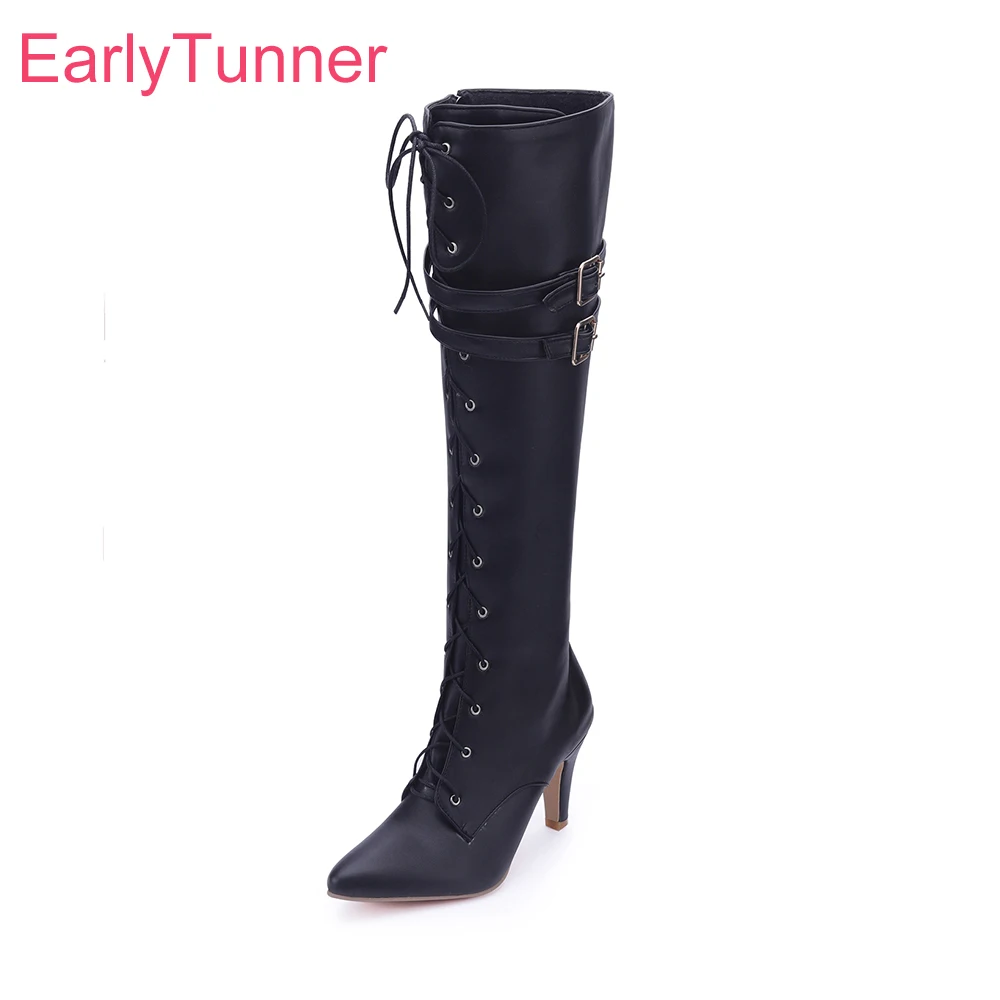 Женские сапоги до колена черные коричневые теплые с острым носком на высоком