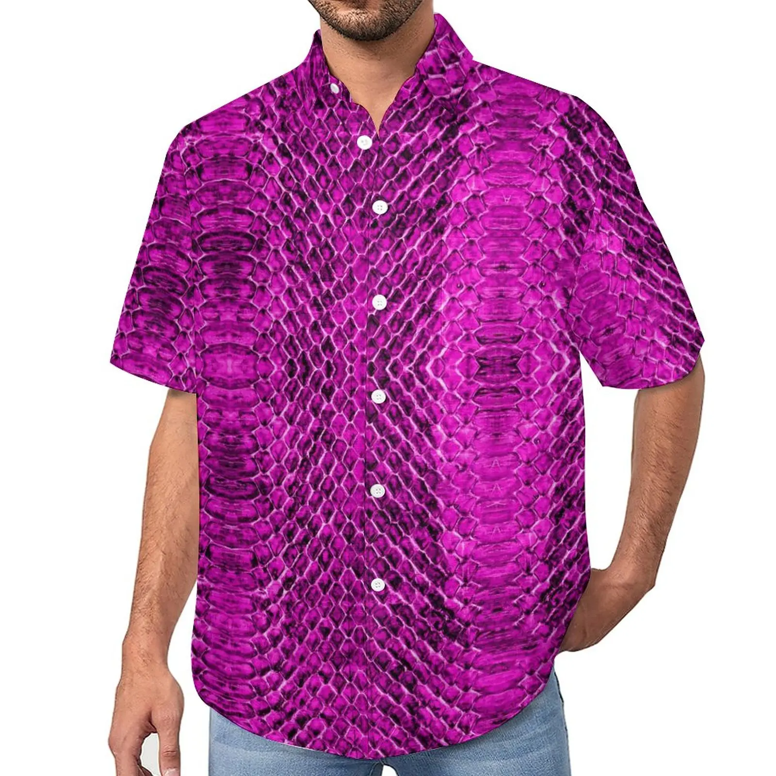

Snakeskin Print Blouses Male Pink And Purple Casual Shirts Summer Short Sleeves Design Trendy Oversized Vacation Shirt Gift Idea