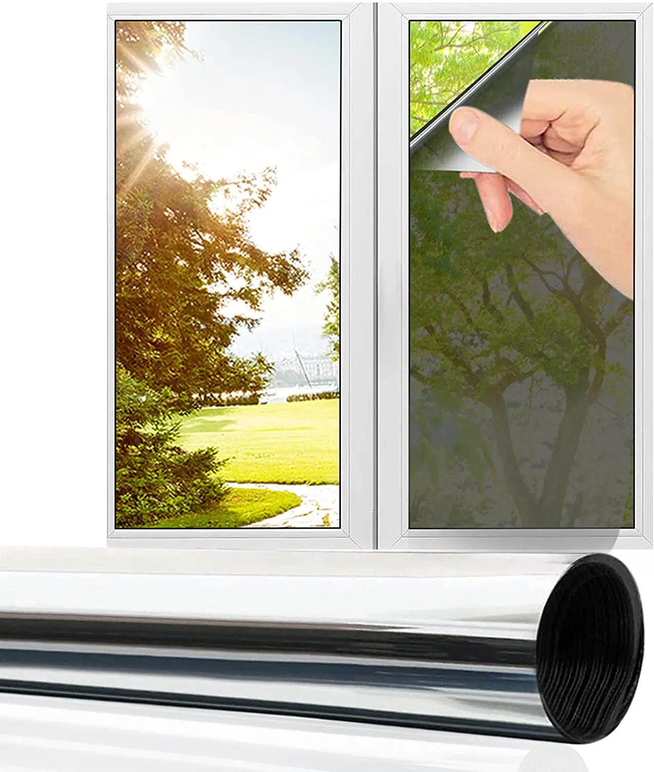 

Privacy Window Film One Way Mirror Film Silver Reflective Glass Window Tint Sun Blocking Anti UV Heat Control Self-Adhesive