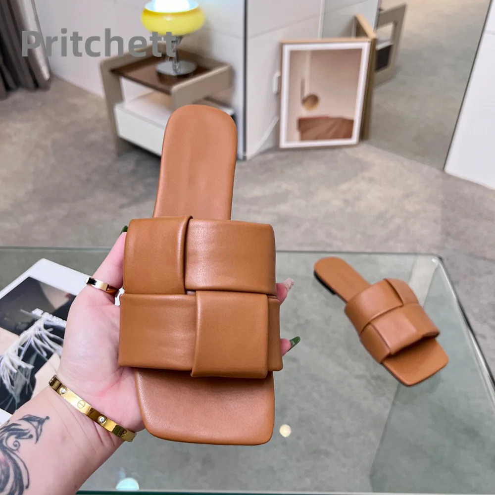 2023 Summer New Flat Bottom Slippers Retro Weave Shallow Mouth Open Toe Fashion Slippers Versatile Concise Women's Shoes