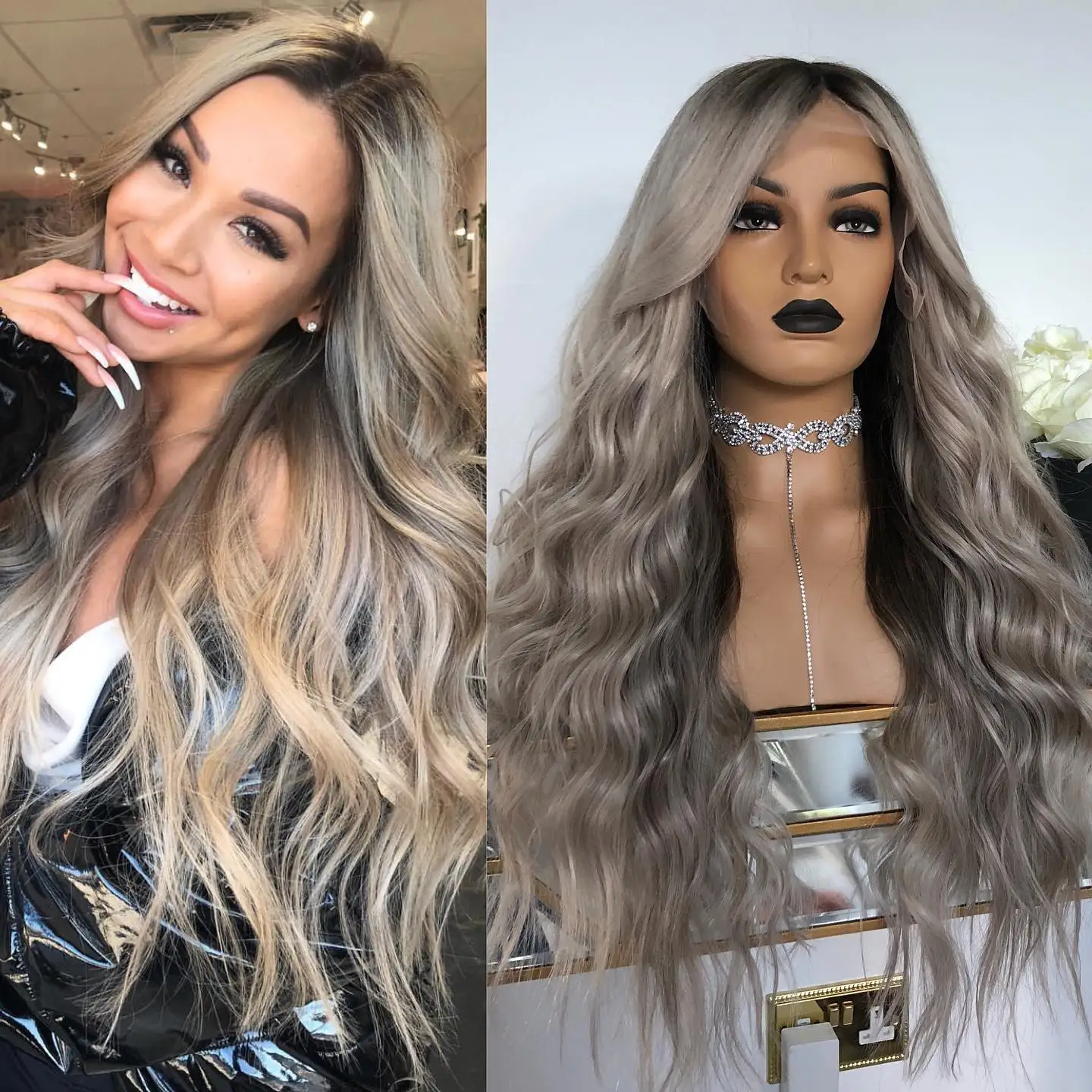 

Dark Grey Full Lace Human Hair Wigs Black Roots Blonde Loose Wave Wig Pre Plucked 13x6 Lace Front Wig Remy Hair 180 High Density