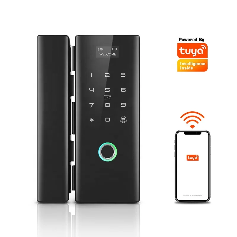 Best Anti-Theft Tuya Fingerprint Remote Control Password ID Card Entry Gate Wifi Smart Glass Door Lock for Home Office PST-HG200