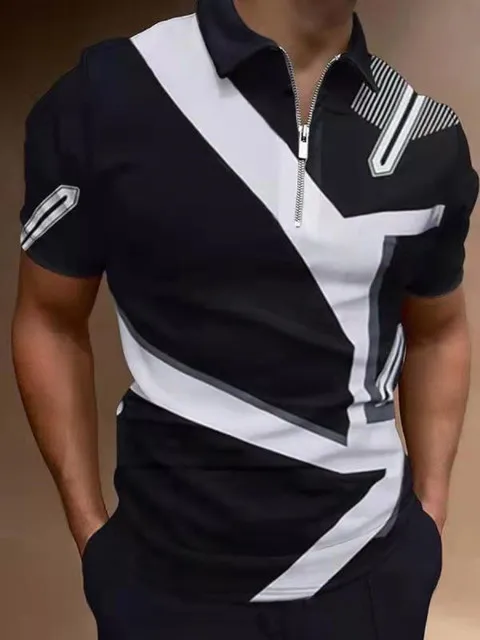 

2023 New Men Polo Shirts Summer Casual Daily Short Sleeve Striped Business Mens Shirts Clothing Turn-Down Zippers Polos for Men