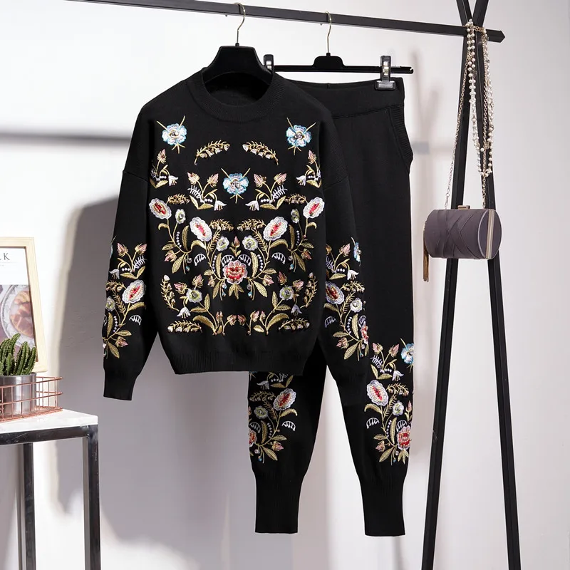 Trendy Embroidery Flowers Knitted Two-piece Set New Autumn Loose Pullover Sweater Top + Stretch Elastic Waist Harem Pants Suits