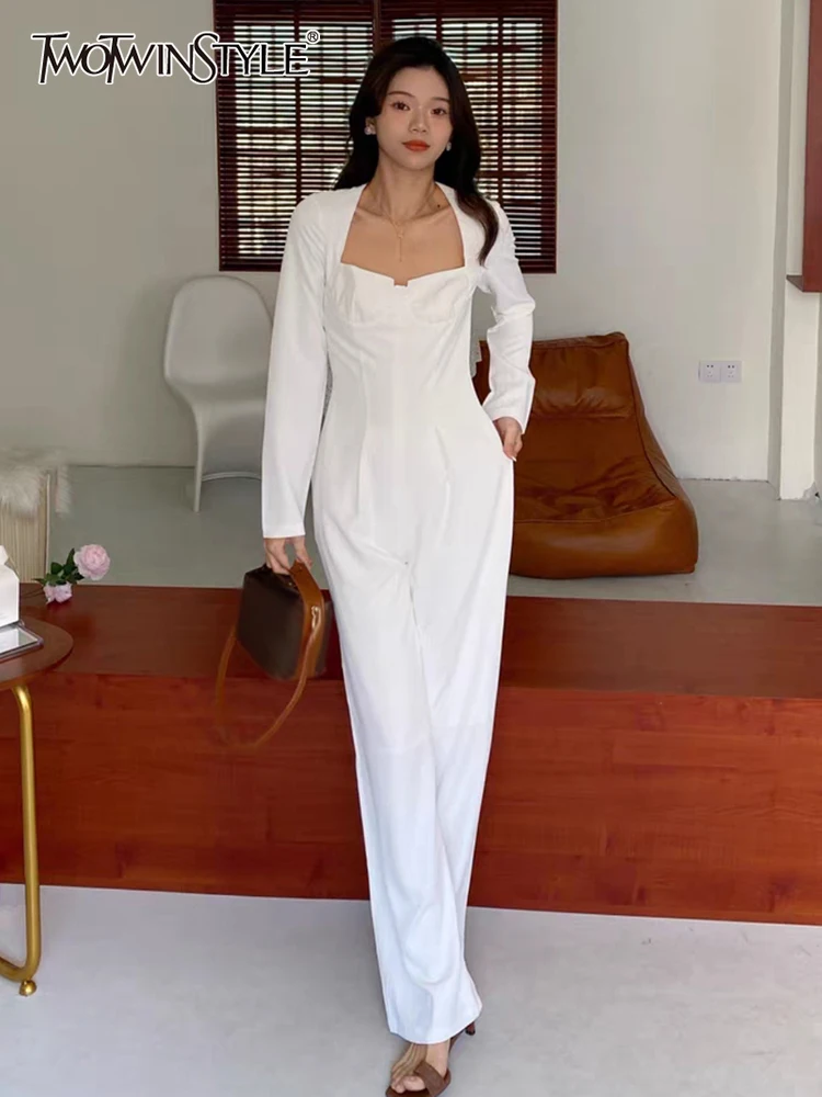 TWOTWINSTYLE White Casual Jumpsuit For Women Square Collar Long Sleeve High Waist Solid Minimalist Wide Leg Jumpsuits Female New