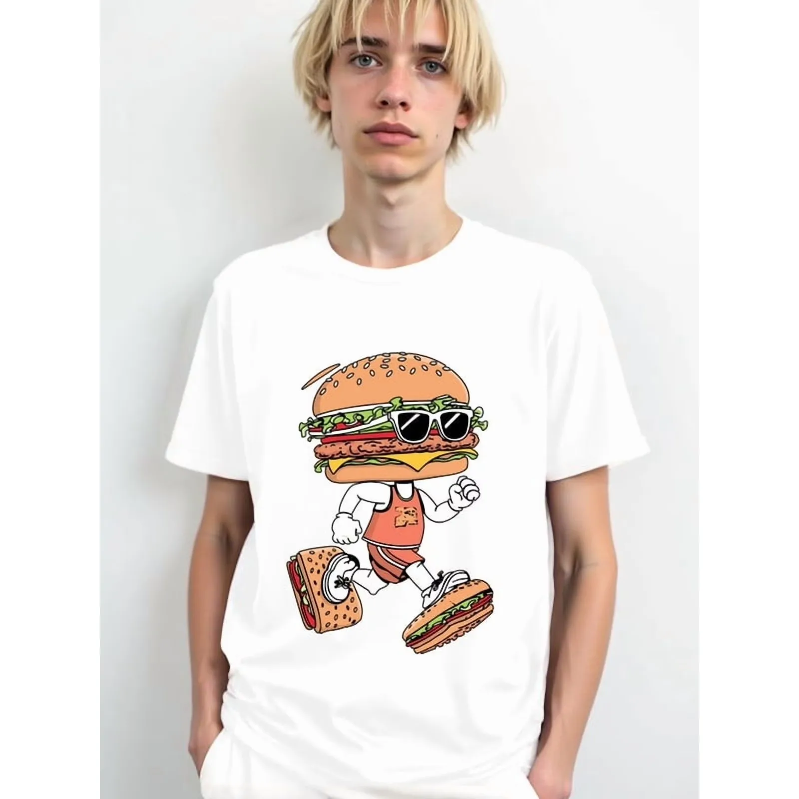 Фото Футболка с рисунком Cool Cheeseburger Guy для мужчин, повседневная хлопковая футболка с короткими рукавами №1