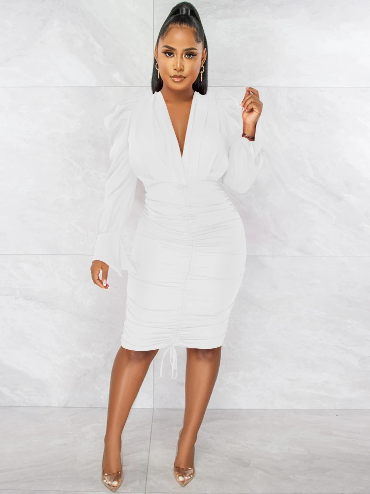 Fashion casual solid color long sleeve pleated V-neck dress female plus size women clothing dress