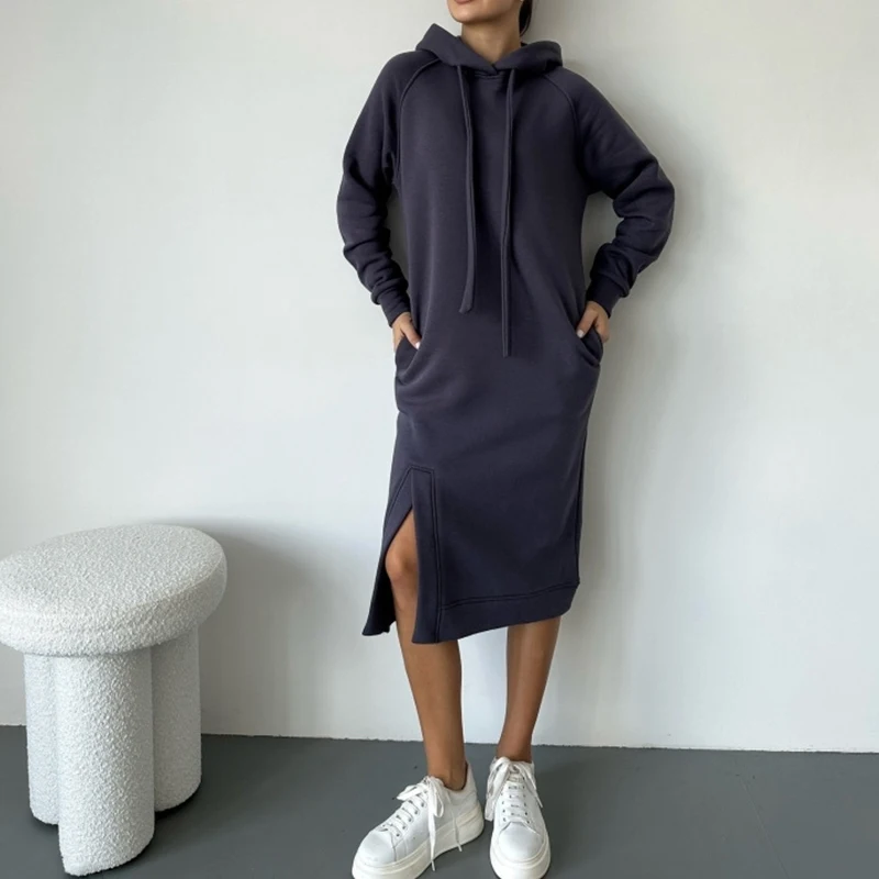 

Женское повседневное прямое длинное платье с длинным рукавом, однотонное Хлопковое платье-свитшот с капюшоном, модное свободное платье в стиле ретро с карманами, Осень-зима