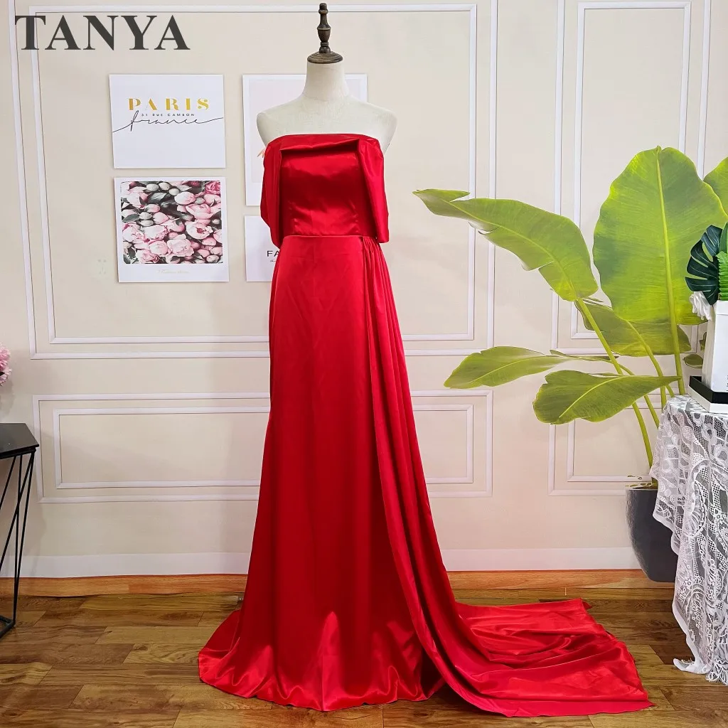 

Красное шелковое атласное длинное вечернее платье с открытыми плечами и короткими рукавами в пол с коротким шлейфом простое торжественное женское платье для выпускного вечера новое