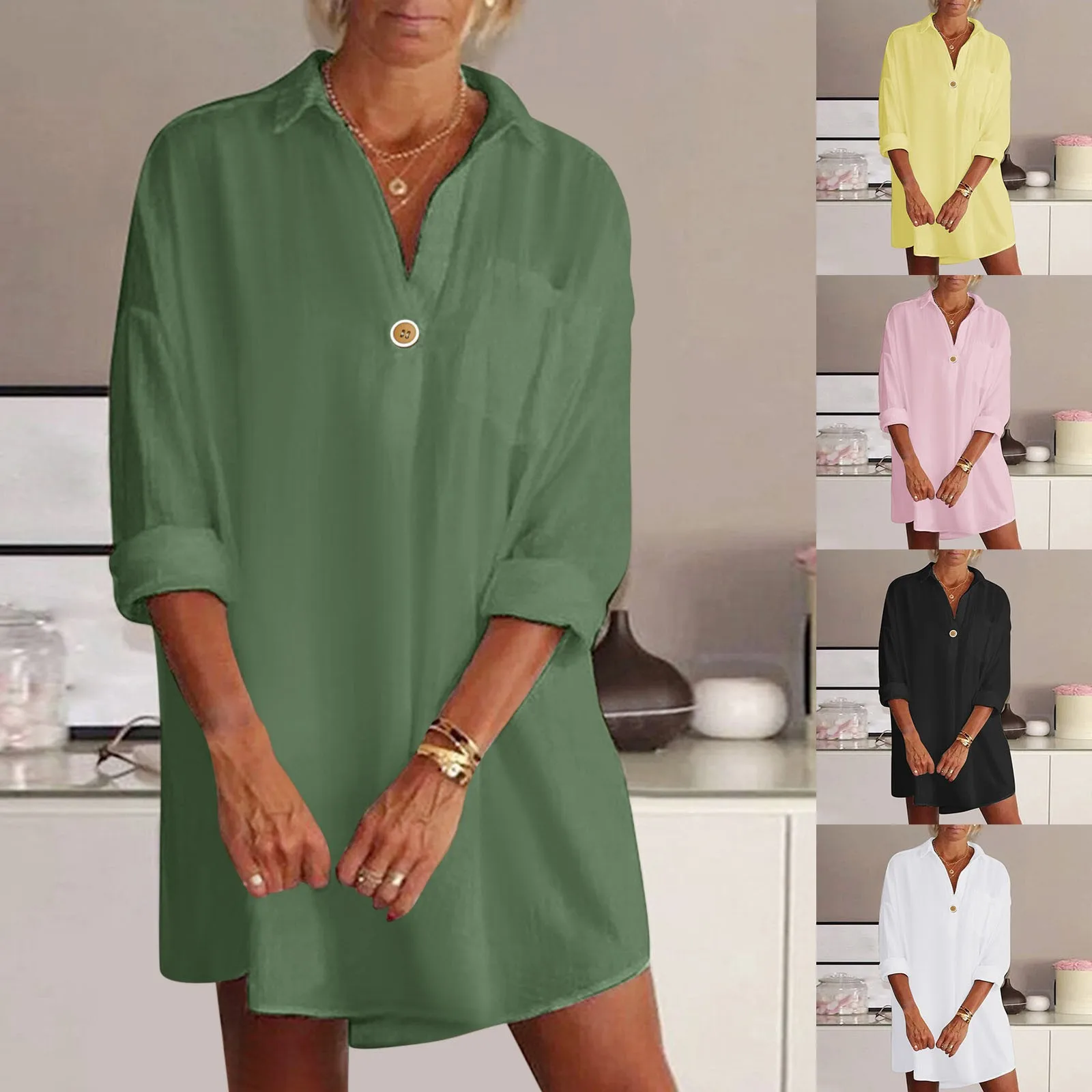 

Платье-рубашка средней длины с V-образным вырезом и длинным рукавом