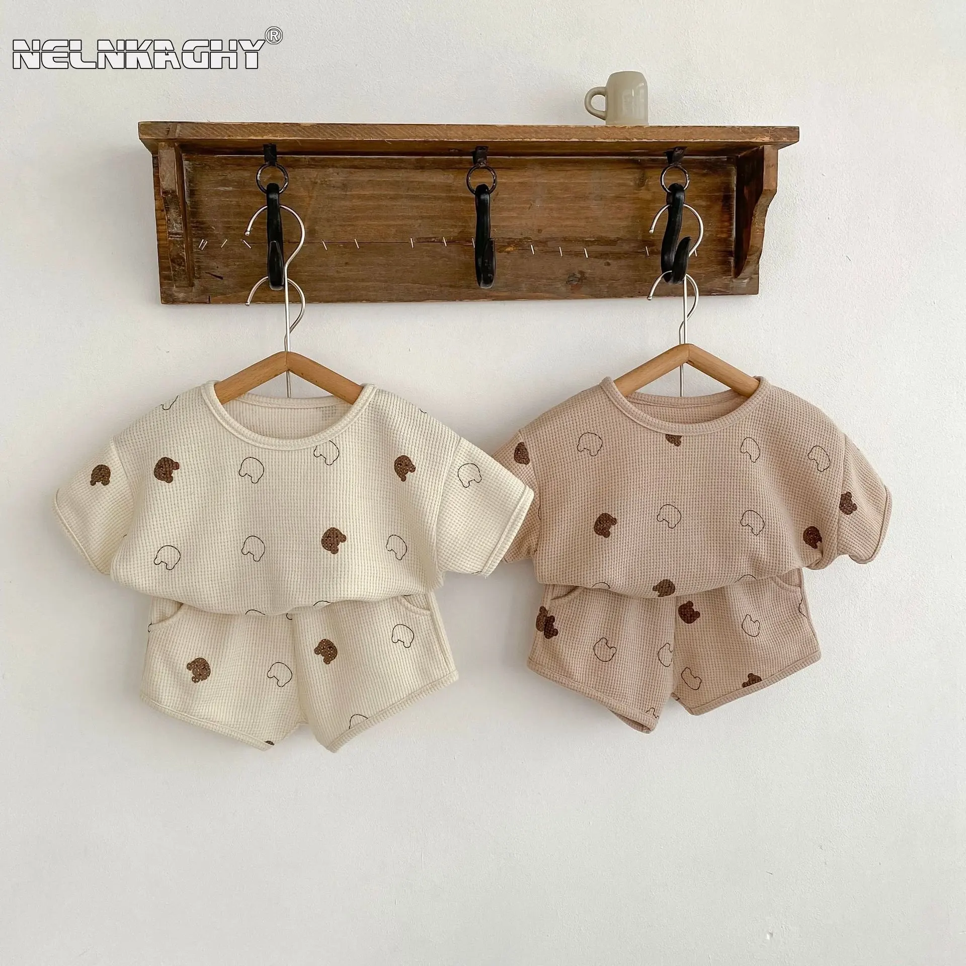 

Summer Kids Baby Girls Boys Short Sleeva Print Bear Top T-shirts +shorts Infant Toddler Pure Cotton Waffle Clothing Set 2pcs
