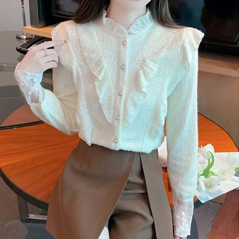 Зимняя модная женская рубашка с рюшами и длинными рукавами бархатная утепленная