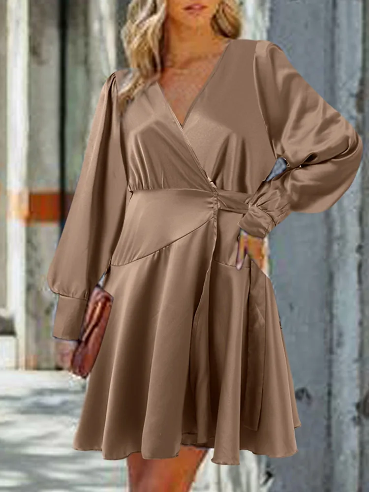 

ZANZEA Summer V Neck Long Sleeve Satin Dress Elegant Women A-line Work OL Sundress Solid Casual Knee-length Vestidos Robe Femme