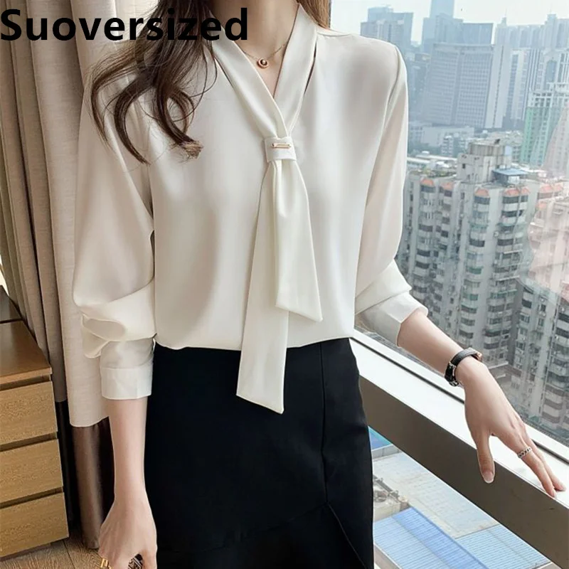 

Elegant Classic White Office Chiffon Shirts Spring Fall Loose Casual Long Sleeve Tops Fashion V Neck Women's Bowknot Blusas