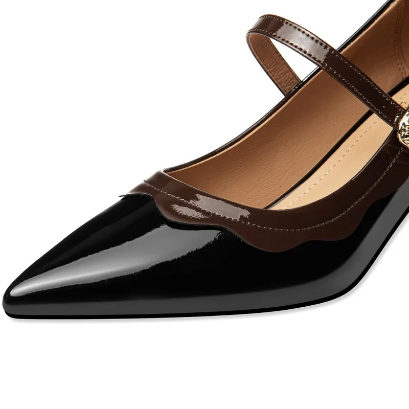 【JOCHEBED HU】Brand Genuine Leather New Style Small Pointed Toe Color Matching Shallow Mouth Mary Janes Shoe Strap Mid-Heel 33-43
