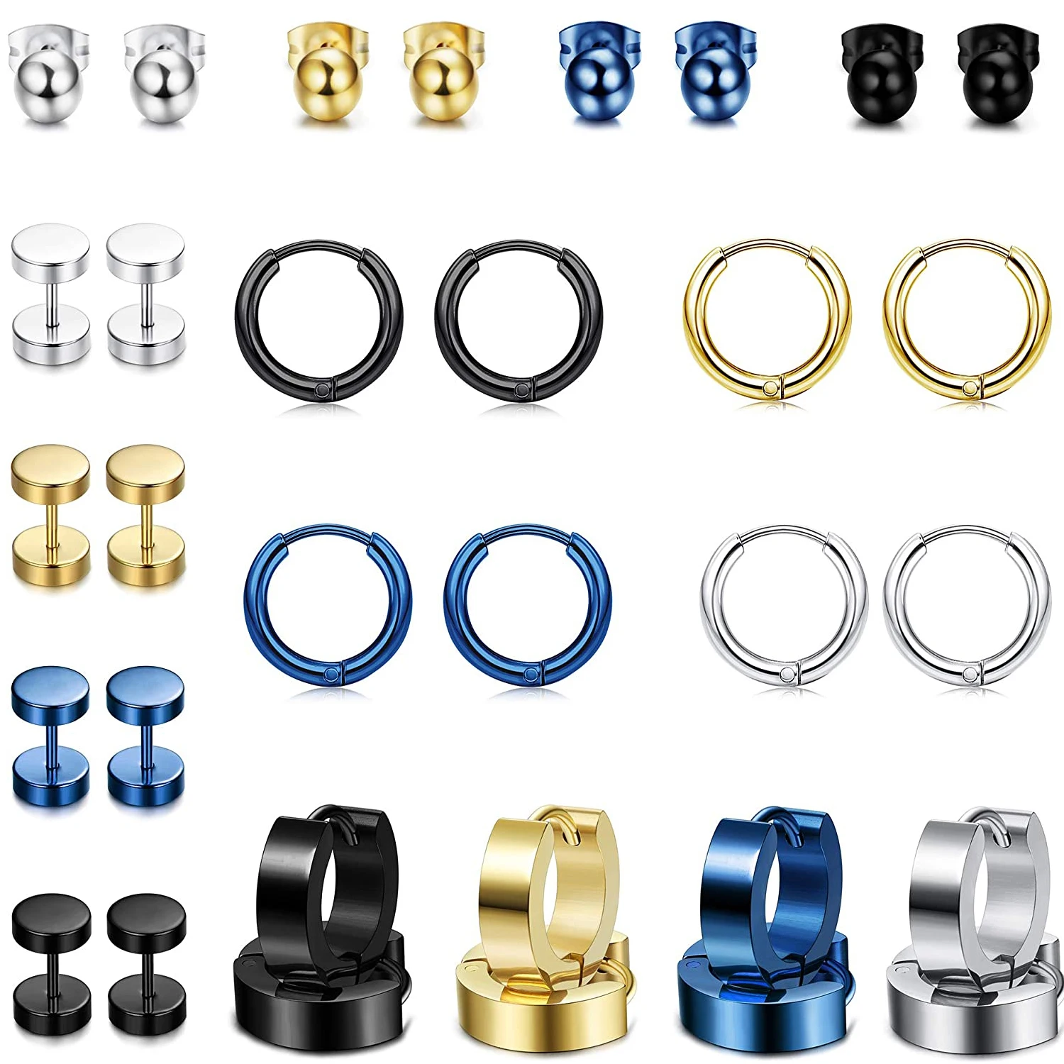 

WKOUD 16 Pairs Men Stainless Steel Stud Earrings For Women Huggie Hoop Piercing Ear Jewelry Set For Women Men Teen
