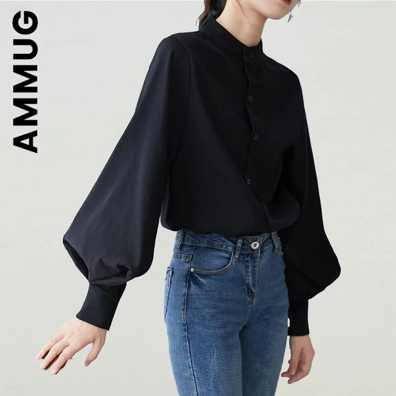 

Ammug Shirt New Women Slim Elegant Retro Women Tops And Blouses Single Breasted Stand Collar Shirts Soft Basic Lady Female