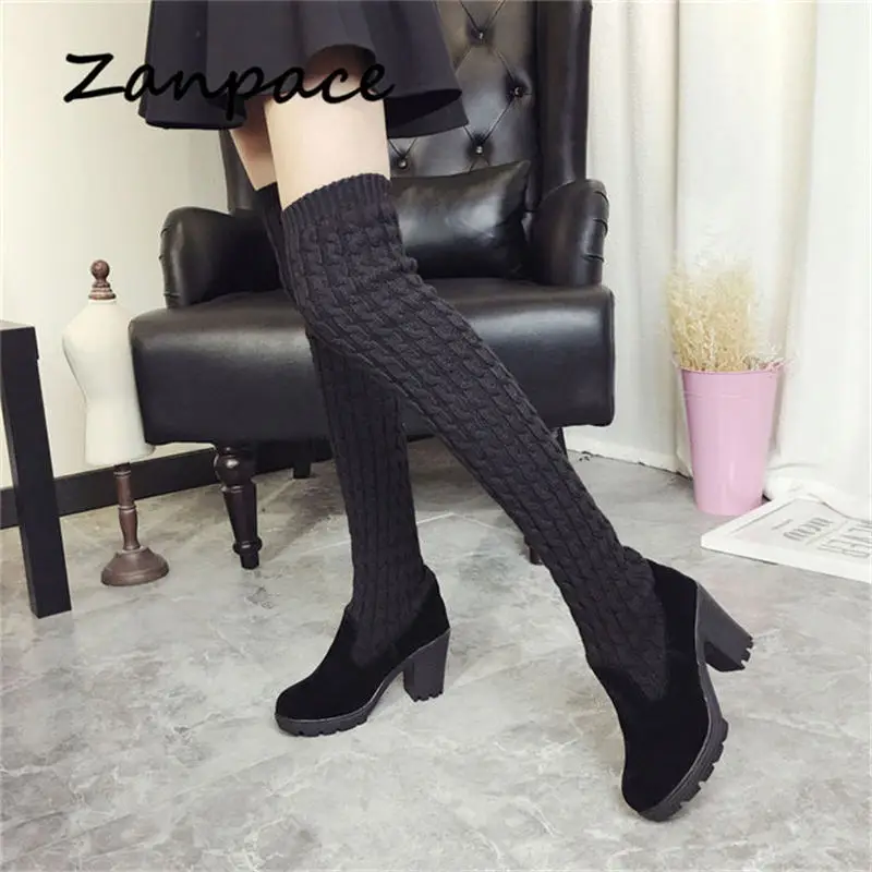 

2021 Winter Warm Women Boots Ladies Knee High Shoes Thick Knitted High Heel Boots Round Top Women High Boots Big Size 35-40