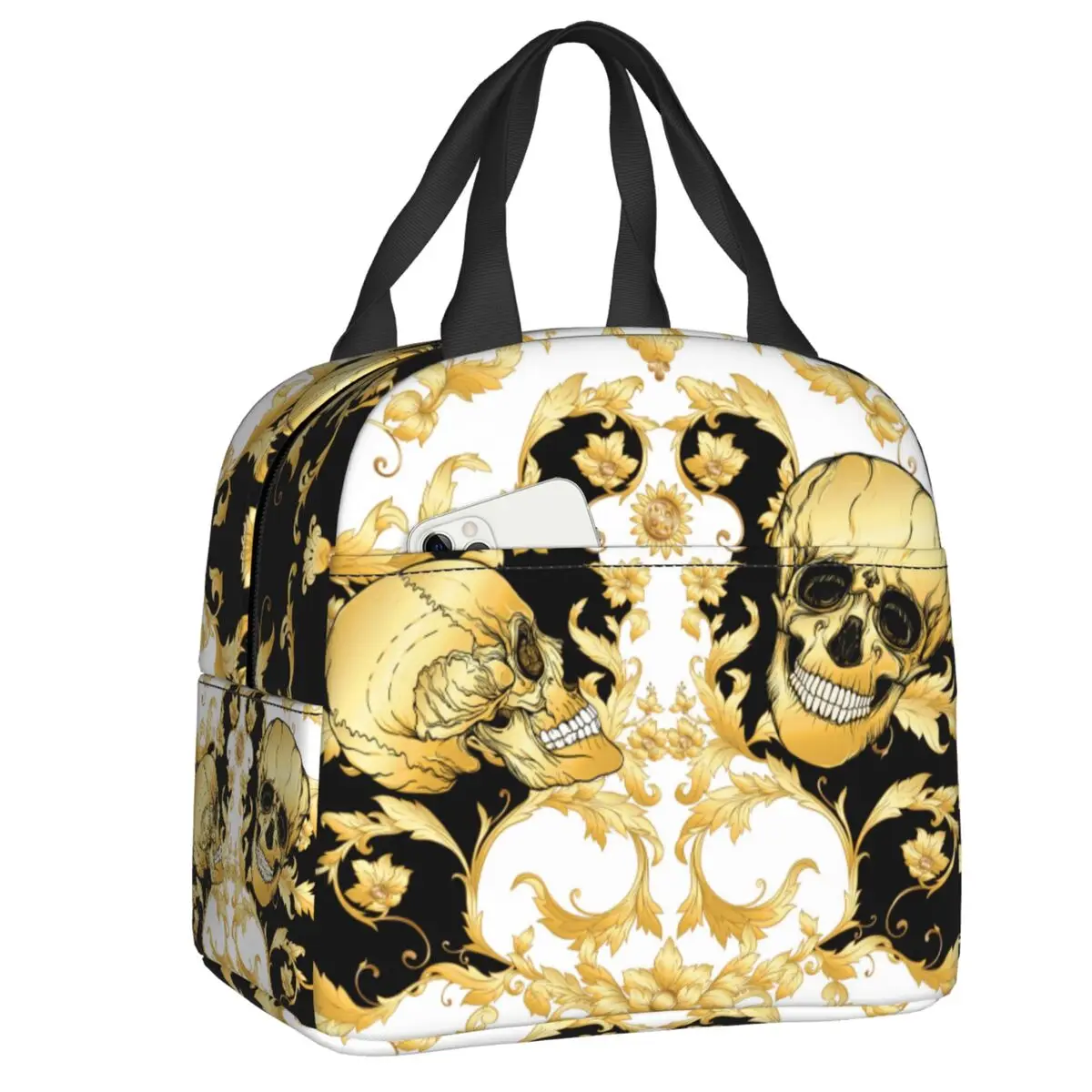 

Luxury European Floral With Skull Lunch Bag Women Warm Cooler Insulated Lunch Box for Student School Work Picnic Food Tote Bags