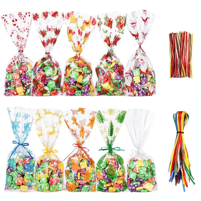 

120pcs Christmas Candy Bags Lightweight Festive OPP Bags with Ties and Ropes Gift Storage Bags Goody Pouches for Christmas Xmas
