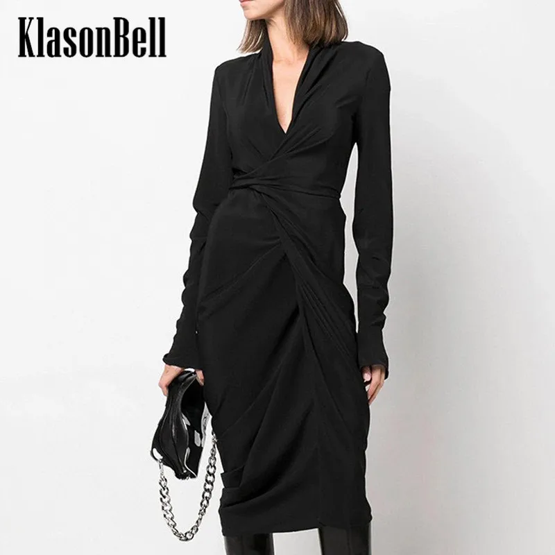 

8.23 KlasonBell Fashion Temperament Deep V-Neck Lace-up Wraparound Ruched Collect Waist Black Midi Dress Women