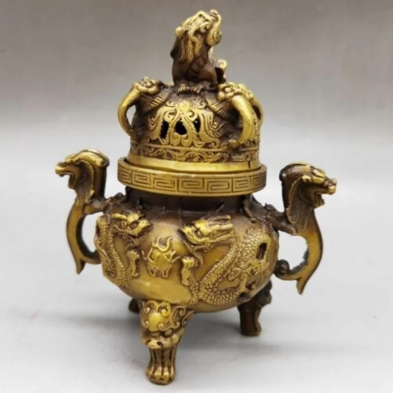 

antique excellent Bronze Statues Gilt Dragon lucky tripod Incense Burners Censer