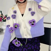 limiguyue 3d floral knitted cardigans women chic pearls beaded cropped sweater autumn winter coat vintage loose v neck knitwear