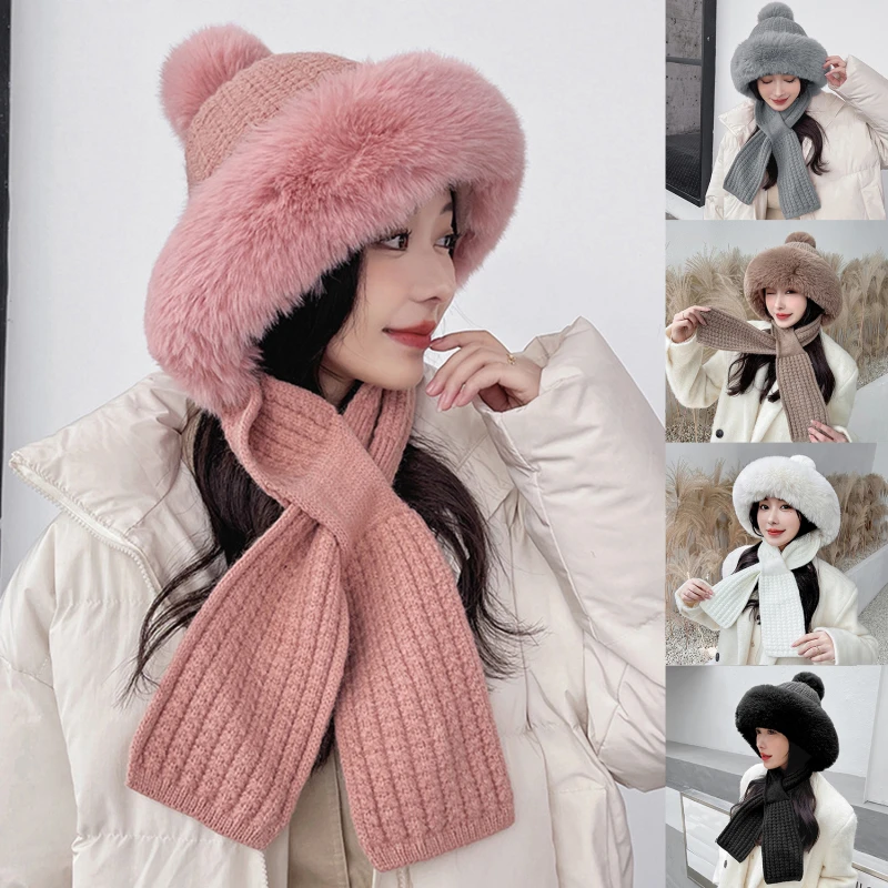 

Зимняя теплая вязаная шапка, меховая женская шапка с ушами, два шарика, женская уличная утепленная плюшевая Пушистая Шапка, русские шапки дл...