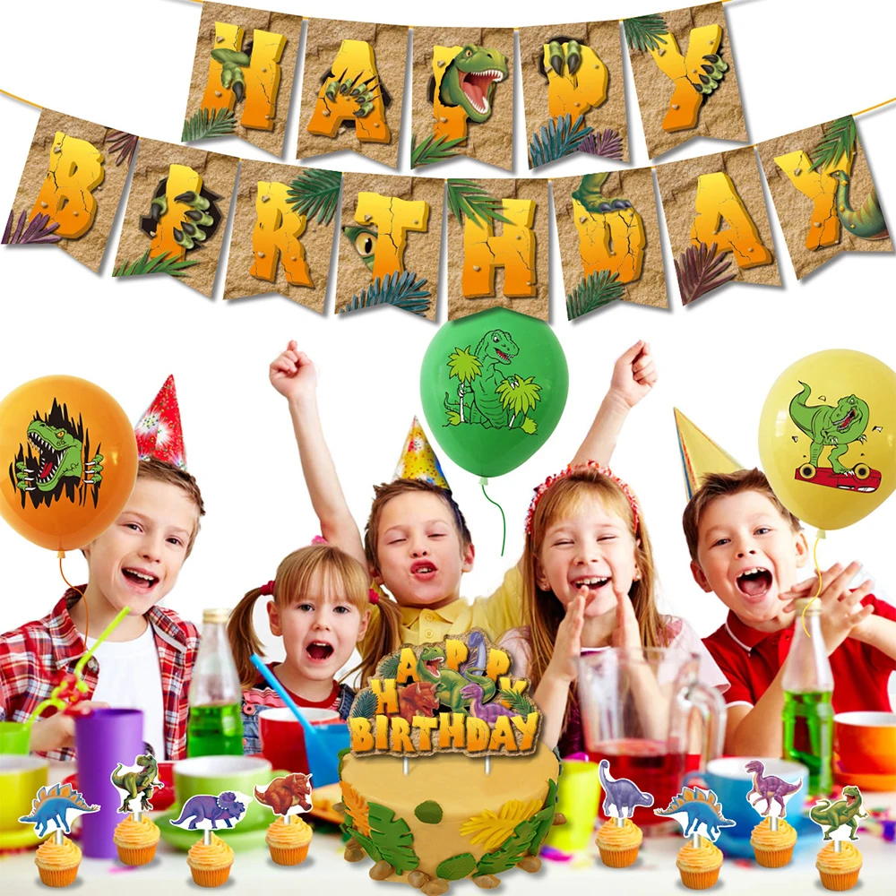 

Dinosaur Theme Birthday Party Decorations Supplies Kit for Kids Boys Girls Cake insert sign For Party Pull the flag banner JS22