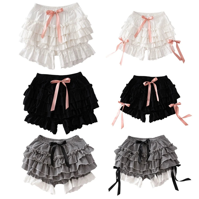 

Women Girls Vintage Lolita Bloomers Loose Pumpkin Pants Solid Ruffled Lace Hem Sweet Bowknot Gothic Elastic Waist Safety L21E