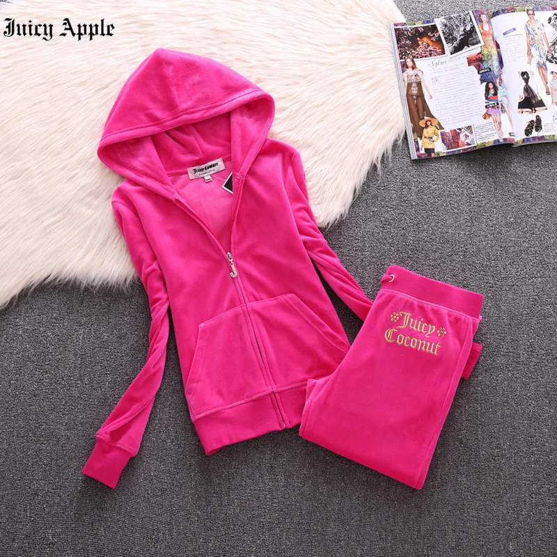 Juicy Apple Tracksuit Woman Outfits Velvet Casual Embroidery Zipper Hooded Spring Autumn Sportswear Women Clothing 2 Pieces Sets