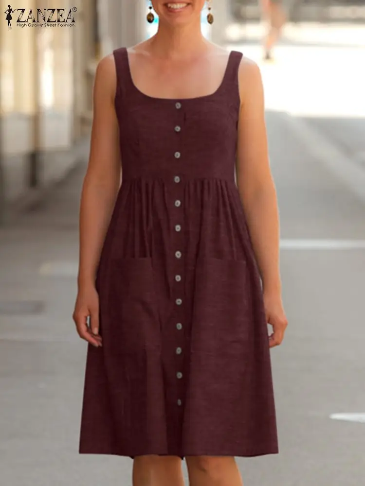 

ZANZEA Elegant Sundress Summer Women Vintage Tanks Dress Causal Sleeveless O-Neck Dresses Bohemian Midi Robe Holiday Vestido