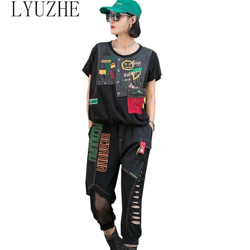 

LYUZHE Women Printing Short Sleeve T-shirt Suit Loose Thin Mesh Splicing Denim Frayed Calf-Length Pants Suit 2023 Summer LHX143B