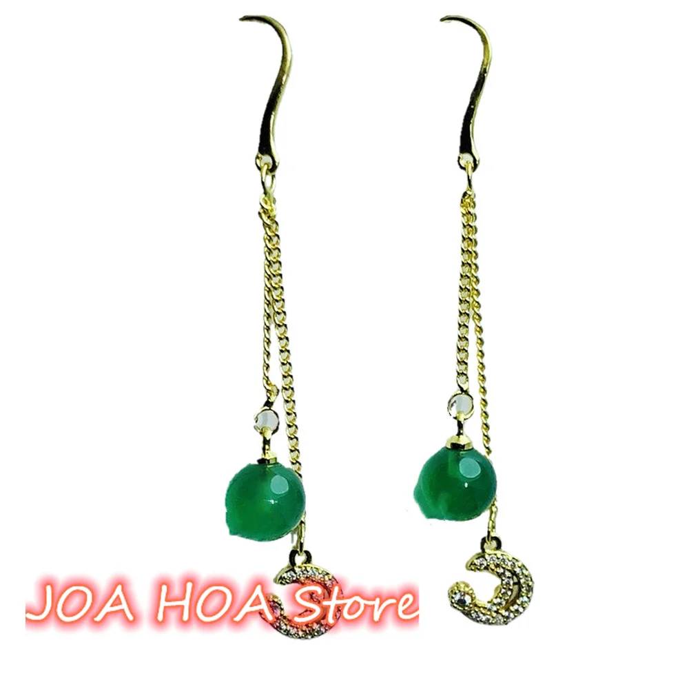 

Fine Jewelry Long Chain Green Jade Bead Eardrop 925 Silver Gold-plated Inlaid Chalcedony Agate Earrings Ear Accessories