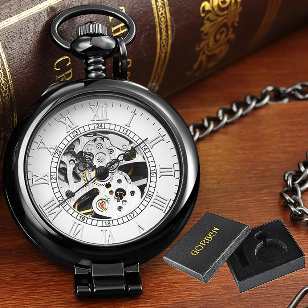 Skeleton Mechanical Pocket Watch with Chain Pendant Vintage MAN Pocket Watches Vest Necklace Watches Presents for Men Lady Clock