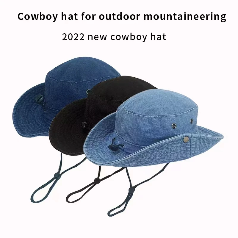 2022 Blue Cowboy Bucket Hat with String  Men Denim Beach Sun Hat for Women Outdoor Hiking Couple Bob Panama Summer Fisherman Hat