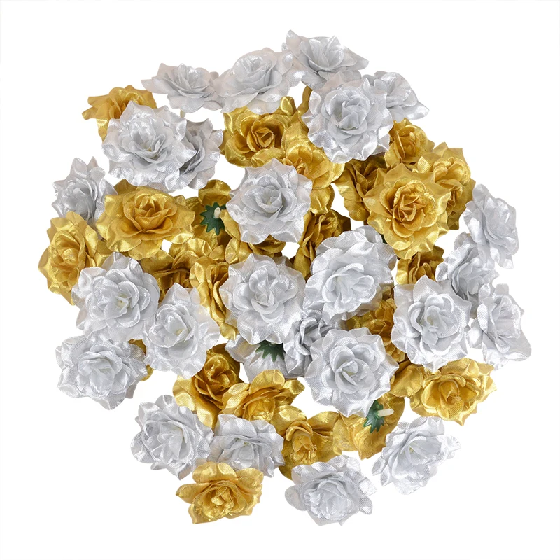 

10/20/30 PCS/Lot 6CM Gold/Silver Artificial Rose Flower Heads DIY Wreath Scrapbook Wedding Party Banquet Decoration Fake Flowers