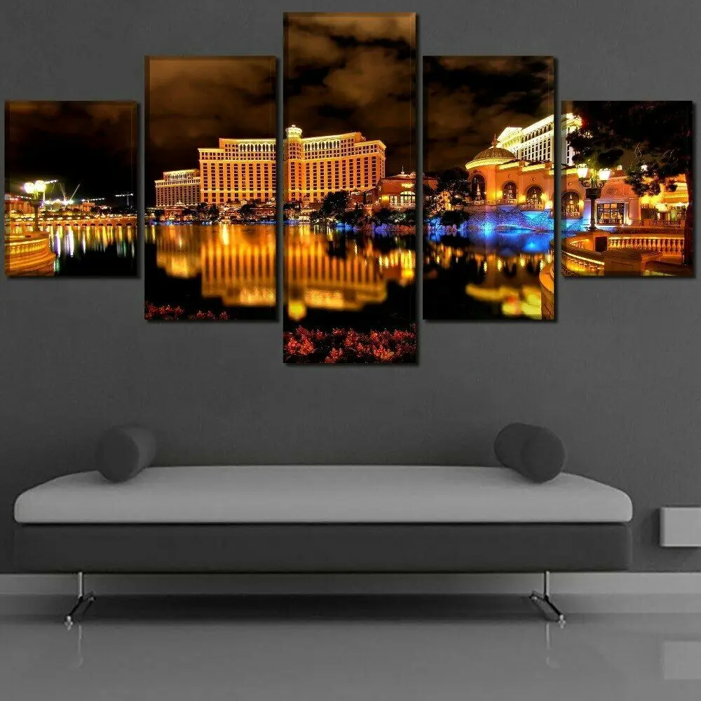 

Modern City At Night Near Lake 5Panels Canvas Wall Art Cuadros Print Canvas Painting Wall Decor for Living Room Poster No Framed