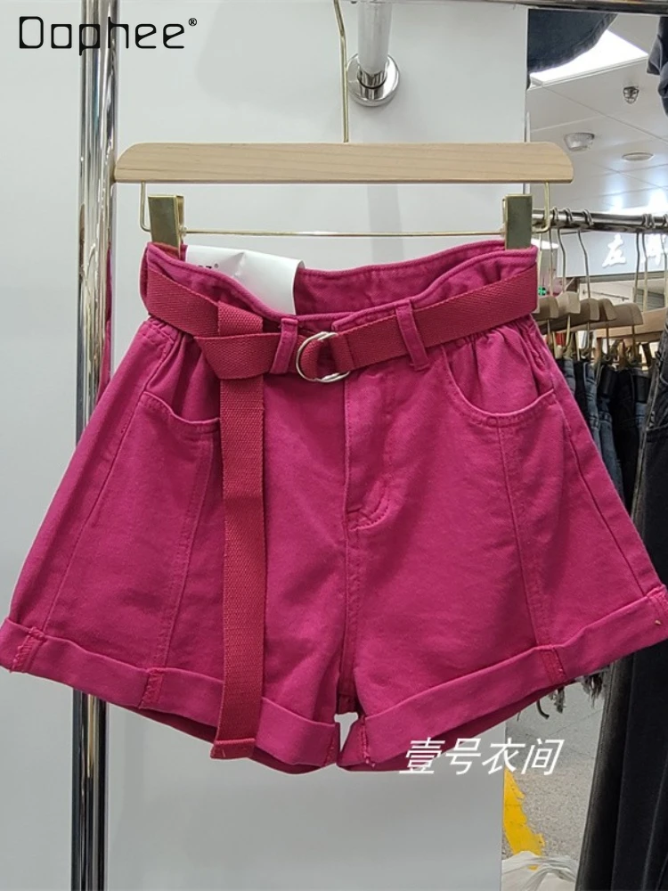 

Vintage Multi-Color High Waist Curl Short Jeans Feminina 2022 Summer New Woman's Loose High Waist Wide Leg Hot Pants with Belt