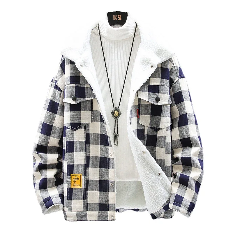 Plaid Thickened Imitation Lamb Wool Warm Jacket Korean Version Fashion Loose Plus Fat Plus Size Plus Velvet Winter Coat Men