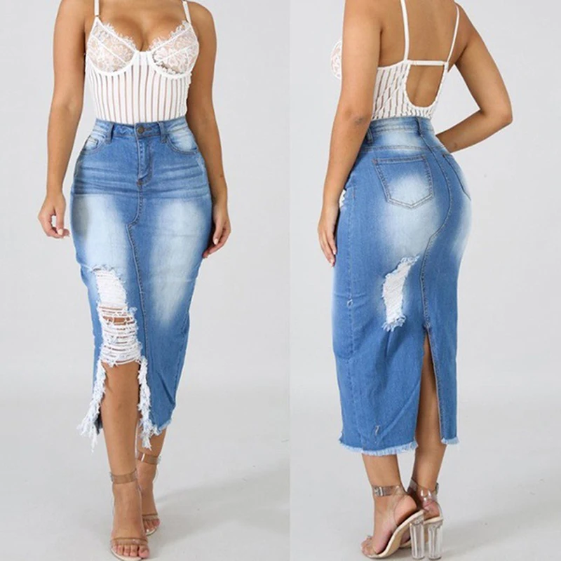 

Women Skirts High Waist Washed Denim Jeans Skirt Ladies Bandage Split Long Skirt Plus Women Blue Slit Mid Waist Casual Skirt