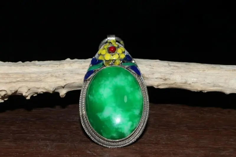 

Китайская старая Подвеска из старого тибетского серебра перегородчатого цвета с инкрустированным зеленым нефритом