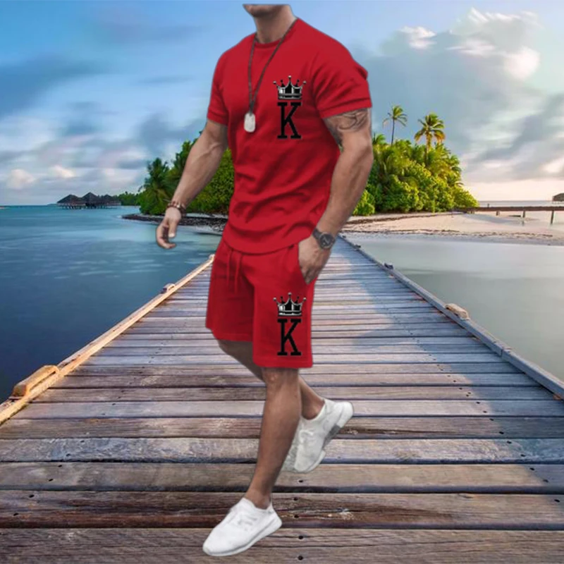 Men Summer Tracksuit 2 Piece Sets The Crown King 3D Print Jogging Set Fashion Men's Oversized Beach Sportwear Outfits Suits 6XL