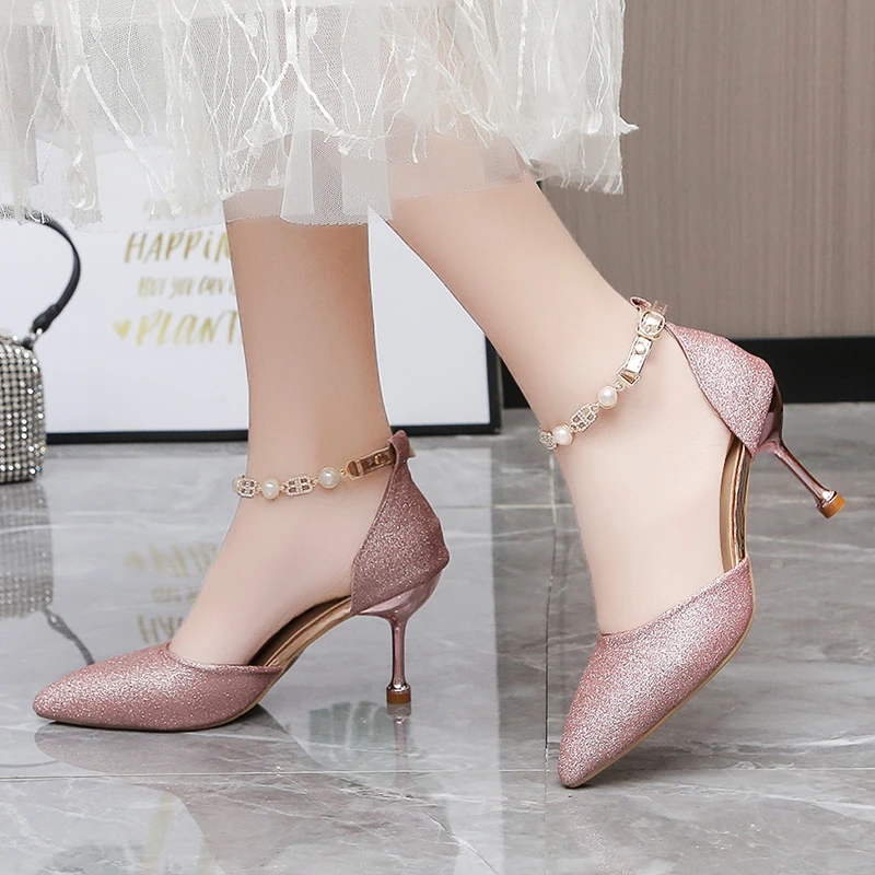 

Pearl Low Pumps Summer Pointed Shoes Party Low Heel Shoes Woman New Sexy Black Pink Heels White Bridal Shoes Sandalha Feminina