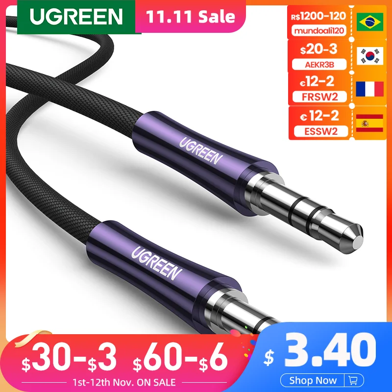

UGREEN 3.5mm Male to Male Auxiliary Aux Stereo Professional HiFi Cable Silver-Plating Copper Core Braided Audio Speaker 3.5 Jack