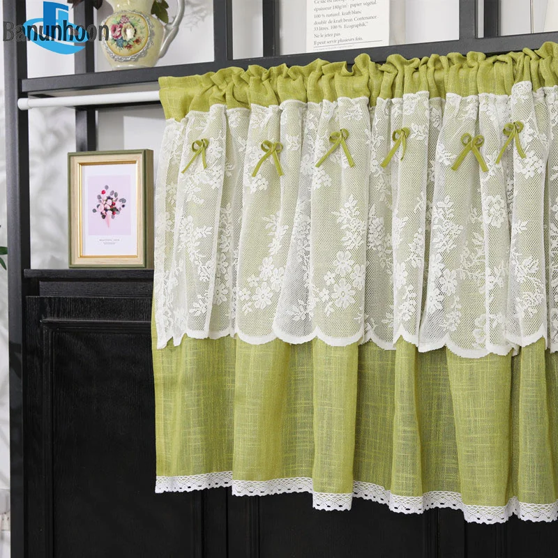 Американская пасторальная зеленая половинная занавеска из хлопка и льна для