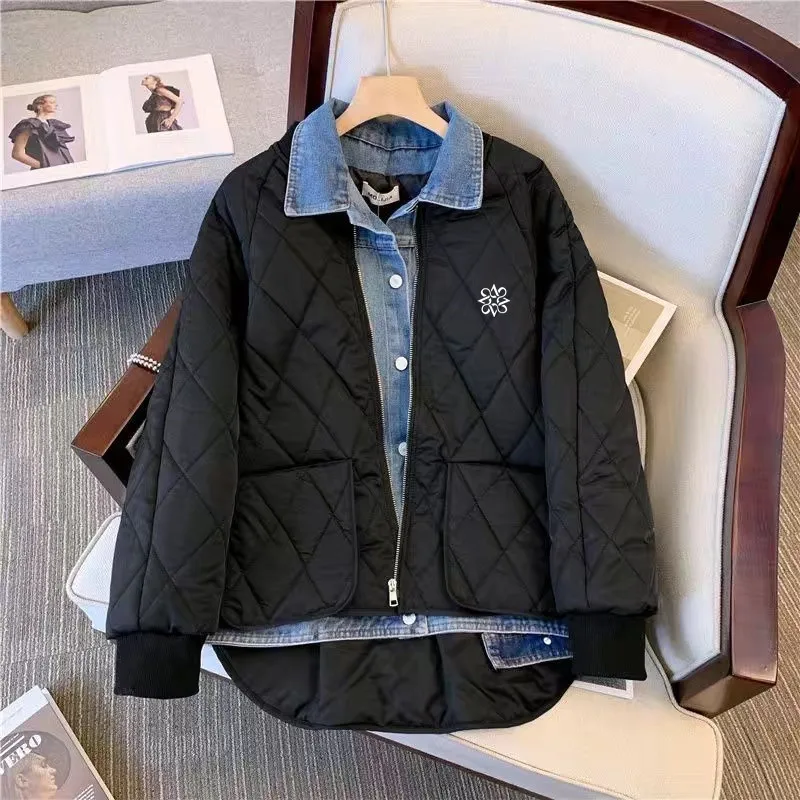 

Korea Women's Golf Jackets 2 Piece Design Cotton Tops Cowboy Splicing Thick Warm Fashion zipper button Winter Ladies Golf Coats