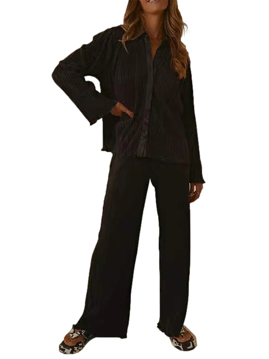 

Women Casual sets 2 piece Solid Color Ruffle Trim Lapel Button Long Sleeve Shirt Tops and Loose Wide Leg Pants