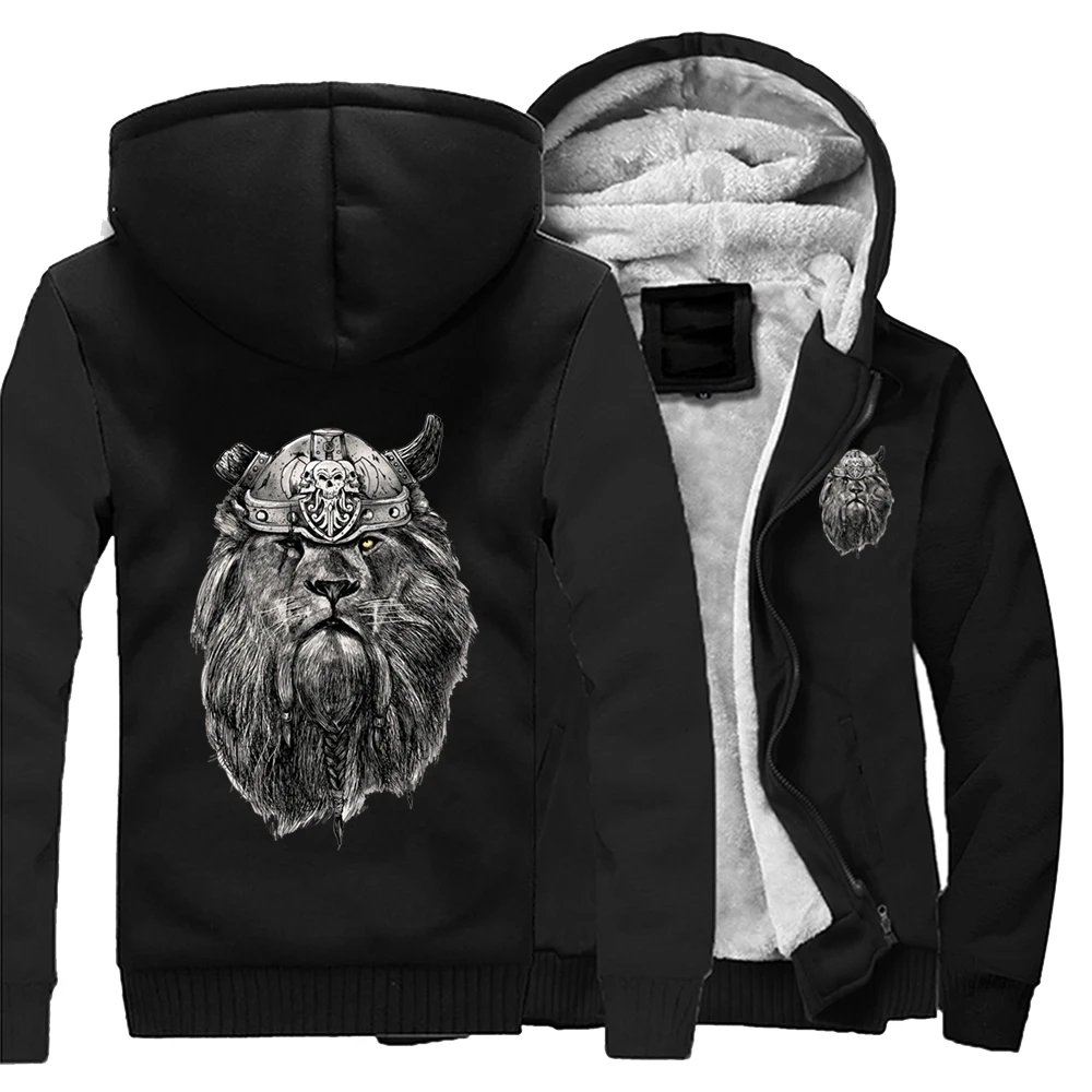 

The Viking Lion Animals Vikings Style Mens Thicken Hoodies 2022 New Arrival Winter Fleece Warm Jackets Hipster Tracksuits