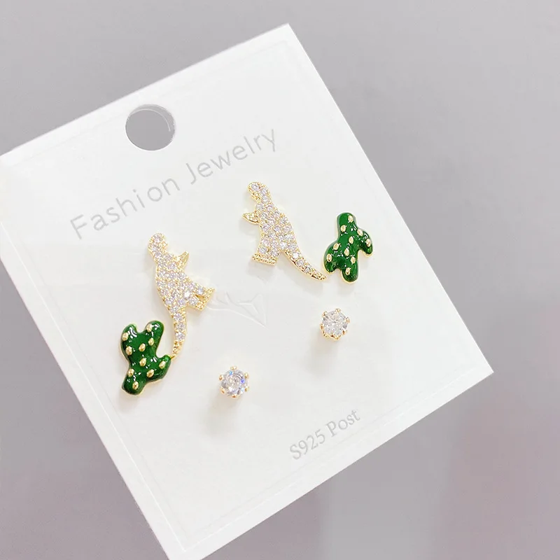 

Popular Brand Ornament Charm Silvers Needle 3 Pair Earring Set Stud Earrings Women Dinosaur Cactus Gift